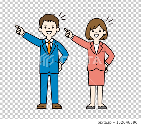 目標に向かってチャレンジする、若い会社員の男性と女性の全身ベクターイラスト素材＿カラー 132046390