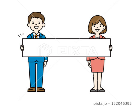 長いボードを持って説明する、若いビジネスマンの男性と女性の全身ベクターイラスト素材＿カラー 132046393