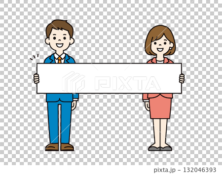 長いボードを持って説明する、若いビジネスマンの男性と女性の全身ベクターイラスト素材＿カラー 132046393