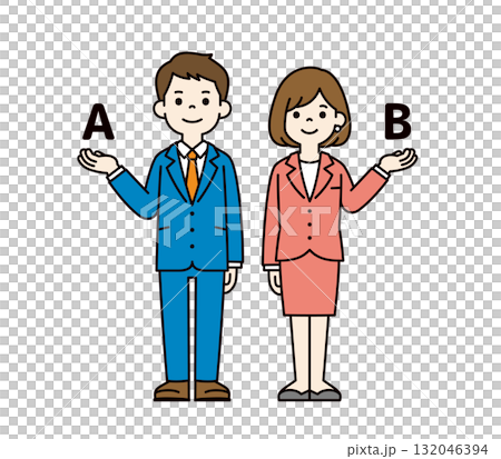 アイデアを提案する、スーツを着た若い男性と女性の会社員の全身ベクターイラスト素材＿カラー 132046394