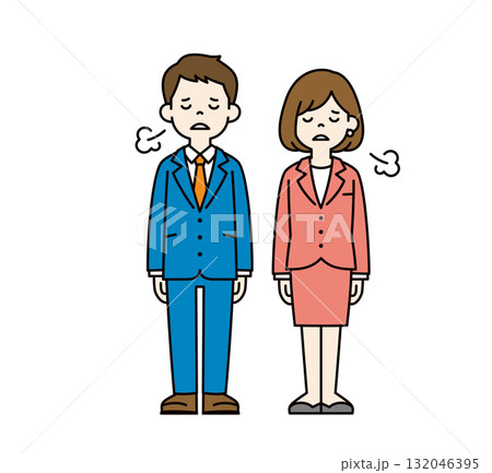 疲労で俯いてため息をつく、若いビジネスマンの男性と女性の全身ベクターイラスト素材_カラー 疲労で俯いてため息をつく、若いビジネスマンの男性と女性の全身ベクターイラスト素材_カラー 132046395