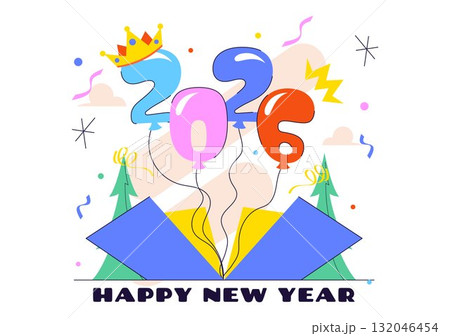 Happy New Year 2026 Celebration Vector Illustration Featuring Trumpets, Champagne, Fireworks, Ribbons, and Confetti for a Festive Holiday Background Happy New Year 2026 Celebration Vector Illustration Featuring Trumpets, Champagne, Fireworks, Ribbons, and Confetti for a Festive Holiday Background 132046454