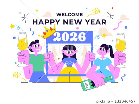 Happy New Year 2026 Celebration Vector Illustration Featuring Trumpets, Champagne, Fireworks, Ribbons, and Confetti for a Festive Holiday Background Happy New Year 2026 Celebration Vector Illustration Featuring Trumpets, Champagne, Fireworks, Ribbons, and Confetti for a Festive Holiday Background 132046457