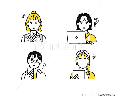 スマートフォン タブレット ノートパソコン 困る 悩む 若い女性 アイコン スマートフォン タブレット ノートパソコン 困る 悩む 若い女性 アイコン 132046573