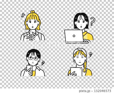 スマートフォン タブレット ノートパソコン 困る 悩む 若い女性 アイコン スマートフォン タブレット ノートパソコン 困る 悩む 若い女性 アイコン 132046573