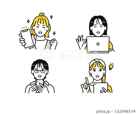 スマートフォン タブレット ノートパソコン 嬉しい 解決 若い女性 アイコン 132046574
