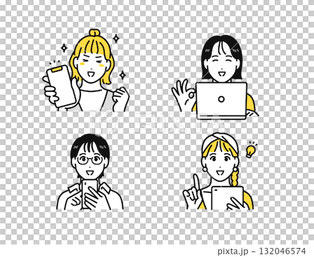 スマートフォン タブレット ノートパソコン 嬉しい 解決 若い女性 アイコン 132046574