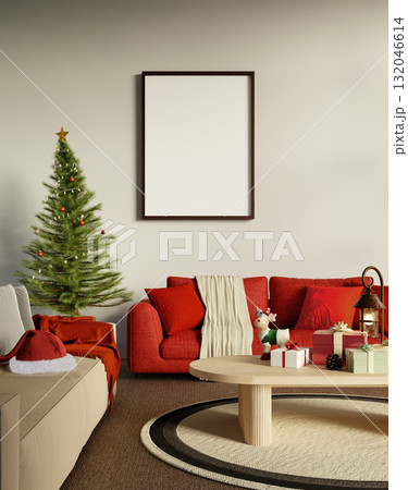 Christmas living room design featuring tree and festive decor elements. 3D render illustration Christmas living room design featuring tree and festive decor elements. 3D render illustration 132046614