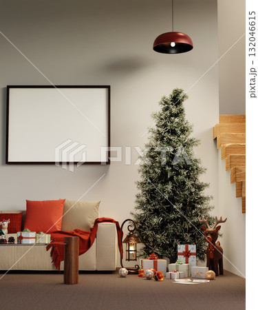 Christmas holiday living room with festive decorations and a cozy atmosphere. 3D render illustration Christmas holiday living room with festive decorations and a cozy atmosphere. 3D render illustration 132046615