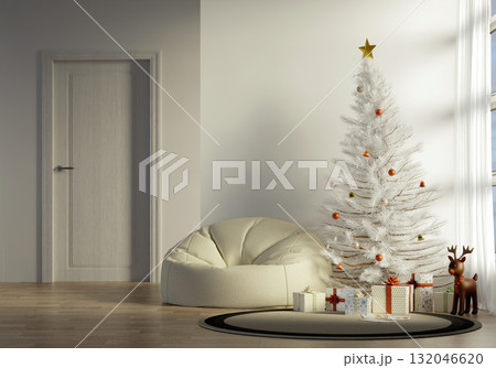 Christmas tree decoration with white branches and cozy seating area. 3D render illustration 132046620