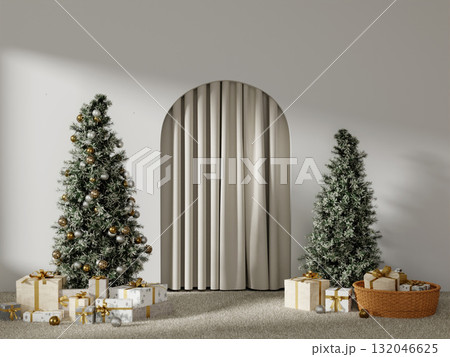 Celebration ambiance with Christmas trees and gifts in a cozy living space. 3D render illustration 132046625