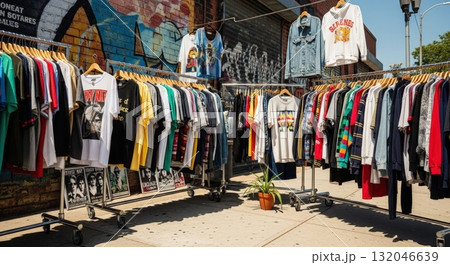 歩道に古着のTシャツが並ぶストリート系ヴィンテージショップ 歩道に古着のTシャツが並ぶストリート系ヴィンテージショップ 132046639