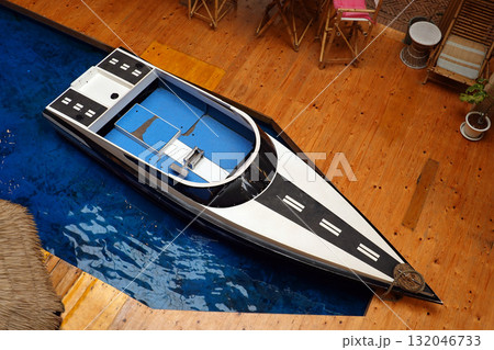 Overhead Shot of a Speedboat on Water Overhead Shot of a Speedboat on Water 132046733