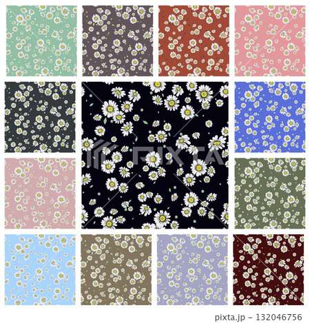Daisy Floral Seamless Pattern Set, Vector Illustration. White Daisies on Multicolor Backgrounds, Daisy Flower Print Tiles. Vector Pattern for Textile, Fabric, Packaging, Wallpaper, Fashion Daisy Floral Seamless Pattern Set, Vector Illustration. White Daisies on Multicolor Backgrounds, Daisy Flower Print Tiles. Vector Pattern for Textile, Fabric, Packaging, Wallpaper, Fashion 132046756