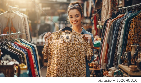 ビンテージ古着バザーで買い物を楽しむ女性の賑やかな風景 ビンテージ古着バザーで買い物を楽しむ女性の賑やかな風景 132046810