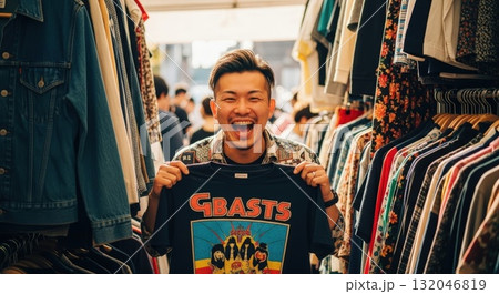 ビンテージ古着バザーで買い物を楽しむ男性の賑やかな風景 132046819