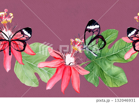 Glasswing butterfly, passionflower, leaves blossom elegant watercolor seamless border on violet. Hand-painted perfect for tropical decor, botanical card, eco branding, packaging, or wedding 132046931