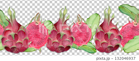 Bright pink dragon fruit whole, half with seeds and leaves. Hand-painted watercolor seamless border on white. Perfect for tropical food design, packaging, branding, healthy lifestyle projects, prints. 132046937