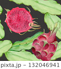 Dragon fruit, cactus stems seamless watercolor pattern on dark grey background. Tropical clip art perfect for fabric, packaging, summer design, healthy food branding. Hand-painted textured 132046941