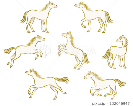 手描き風の筆調の白馬のイラストセット 132046947