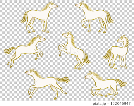 手描き風の筆調の白馬のイラストセット 132046947