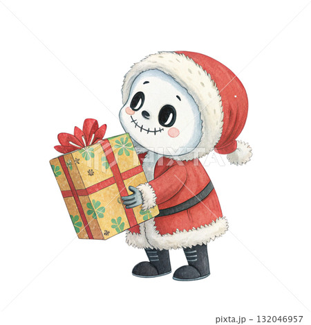 Cute skeleton ghost wearing Santa suit holding a gift box Clipart White Background 132046957
