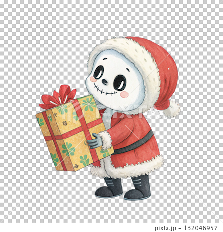 Cute skeleton ghost wearing Santa suit holding a gift box Clipart White Background 132046957