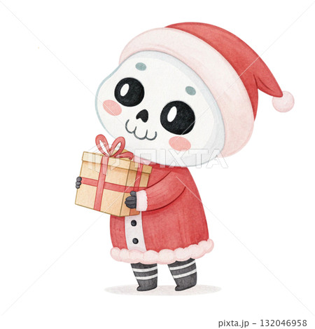 Cute skeleton ghost wearing Santa suit holding a gift box Clipart White Background 132046958