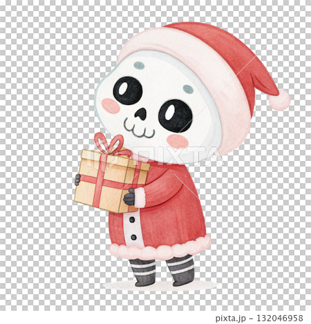 Cute skeleton ghost wearing Santa suit holding a gift box Clipart White Background 132046958