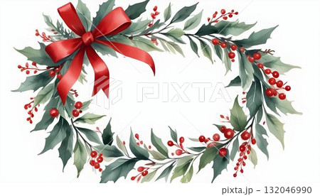 Watercolor wreath of holly leaves and berries, set against a cozy winter landscape with snow and festive elements 132046990