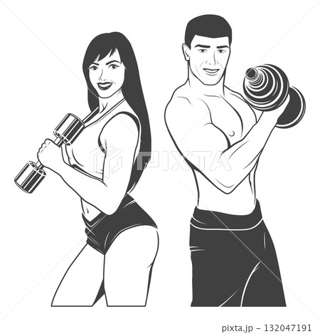 Dumbbell Workout Vector Illustration. Fit Man and Woman Training, Dumbbell Exercise Pose, Dumbbell Gym Logo, Fitness, Bodybuilding, Personal Trainer, Club, Poster, Sticker, Apparel Design 132047191