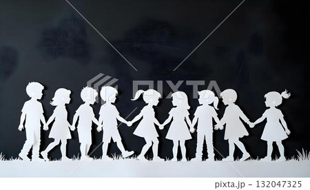 Paper cutout of children holding hands, symbolizing unity and joy for International Children's Day celebration Paper cutout of children holding hands, symbolizing unity and joy for International Children's Day celebration 132047325