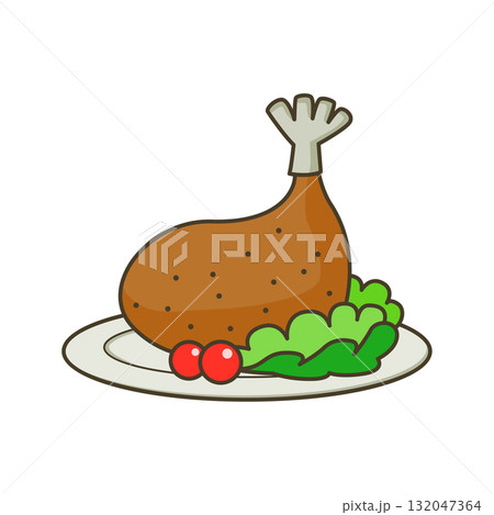 お皿に乗ったローストチキンのイラスト お皿に乗ったローストチキンのイラスト 132047364