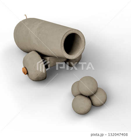 Concrete Cannon Replica With Concrete Cannonballs on a White Background. 3D Illustration. File with Clipping Path Concrete Cannon Replica With Concrete Cannonballs on a White Background. 3D Illustration. File with Clipping Path 132047408