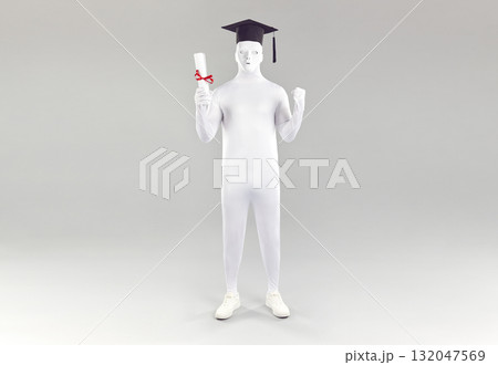 Male university student disguised in white bodysuit, mask and academic hat on grey background Male university student disguised in white bodysuit, mask and academic hat on grey background 132047569