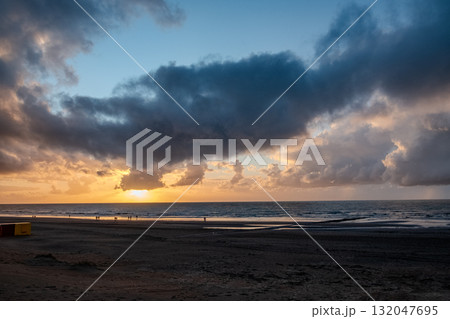 Nieuwpoort, West-Vlaanderen, Belgium, September 13th, 2025, Experience a Serene Beach Sunset 132047695
