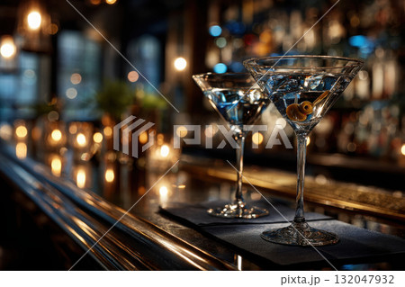 Reflections of martini glasses on a stylish bar Reflections of martini glasses on a stylish bar 132047932