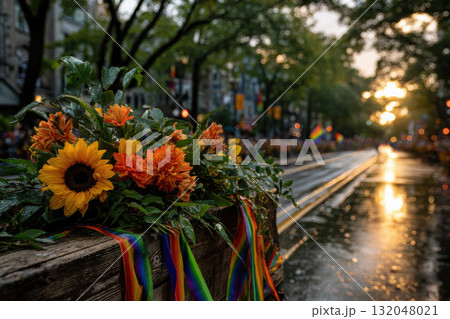 Brightly illuminated pride parade float with vibrant flowers 132048021