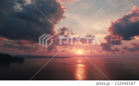 Sunset over calm ocean waters reflecting vibrant colors 132048167