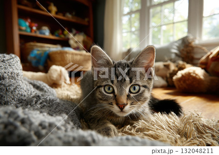 Playful kitten with bright green eyes relaxing in sunlight Playful kitten with bright green eyes relaxing in sunlight 132048211