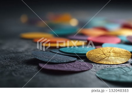 Colorful paper shapes spread on a dark surface Colorful paper shapes spread on a dark surface 132048383