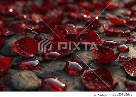 Dew drops glisten on rose petals in warm morning light 132048665