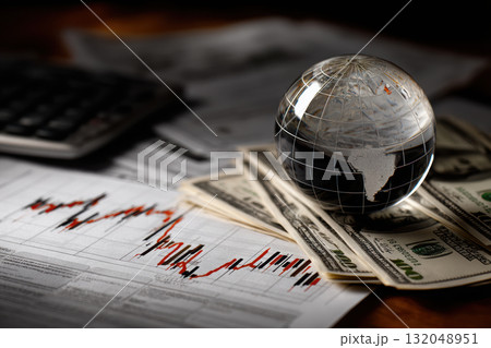 Visual representation of global finance with currency and graphs Visual representation of global finance with currency and graphs 132048951