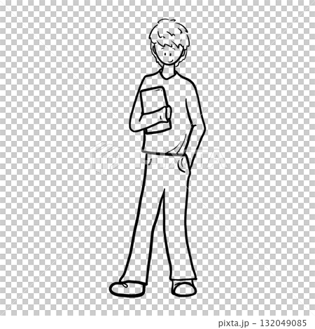 Male college student holding a book isolated cartoon outline illustration 132049085