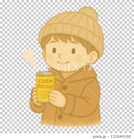 [冬天] 拿著玉米湯的男孩的插圖 132049198