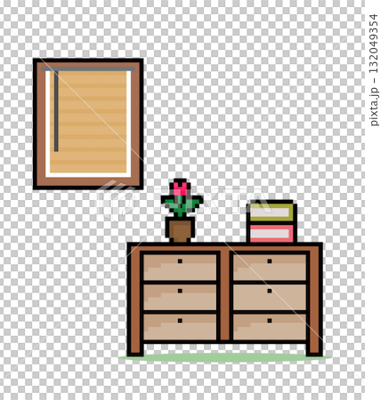 8 bit pixel wooden desk and window in vector illustration for game assets. isolated pot flower, and books . 132049354