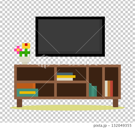 8 Bit Pixel modern Television in Vector Illustration for Game Assets. Flat TV on desk in Pixel Art. 132049355
