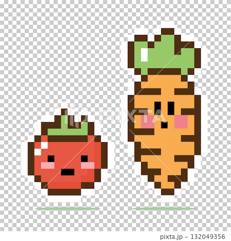 Pixel 8 bits of carrots and tomatoes. Vegetables for game assets in vector illustrations. 132049356