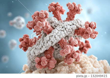 Detailed 3D Model of Coronavirus Structure with Colorful Proteins and Microscopic Background 132049415