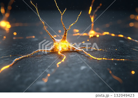 Glowing neuron on dark textured background symbolizing brain activity and neural connections Glowing neuron on dark textured background symbolizing brain activity and neural connections 132049423